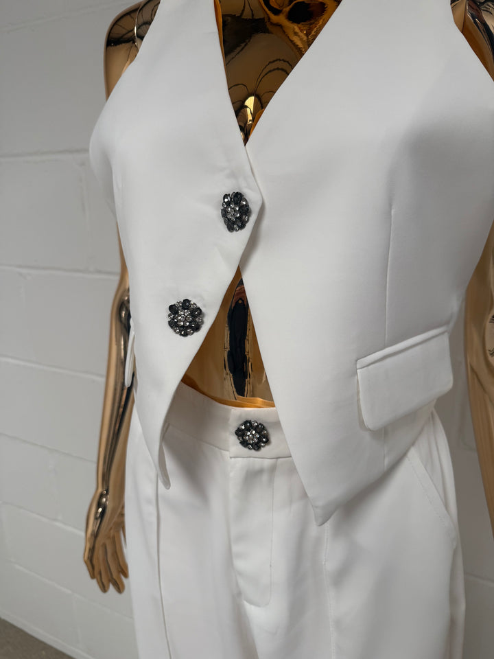 White Jewelled Flower Button Waistcoat & Trouser Co-ord