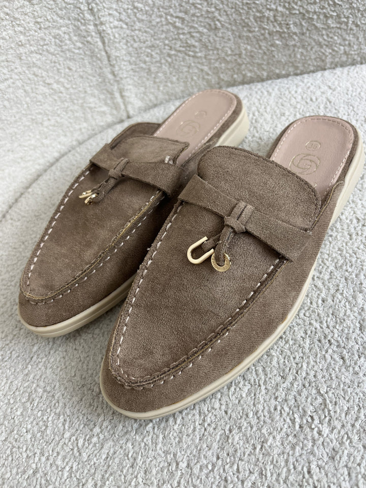 Suede Loafer Sliders With Gold Charm Detail  ( 2 Colours )