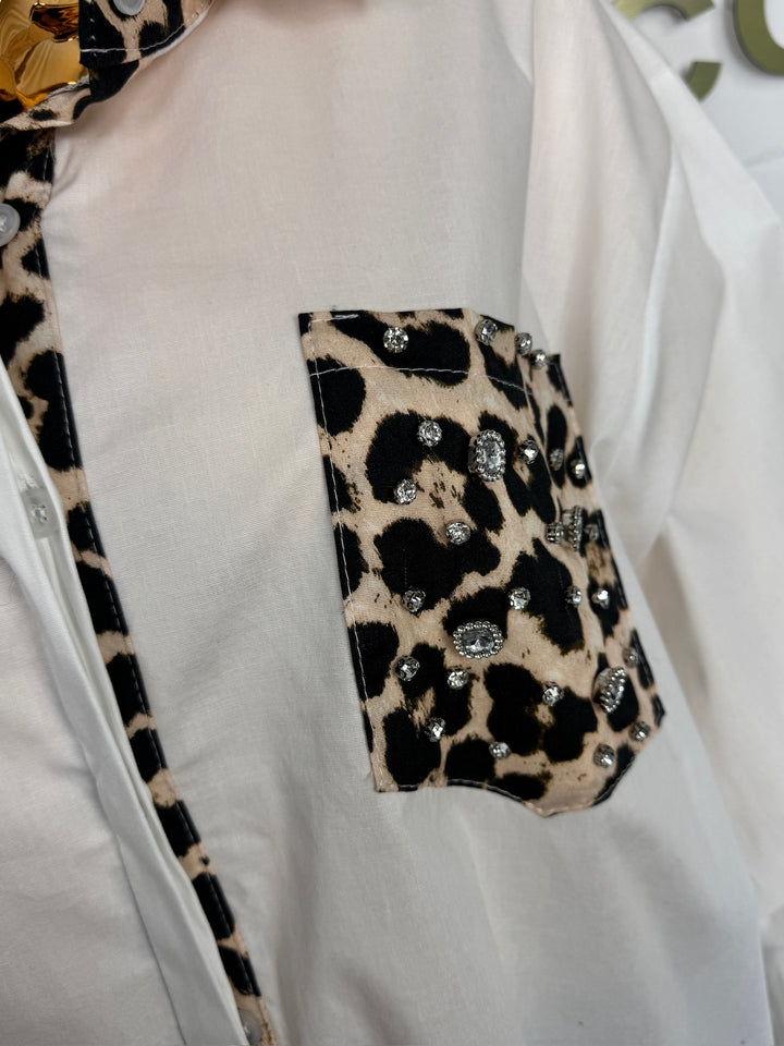 White Oversize Shirt With Leopard Diamante Pocket