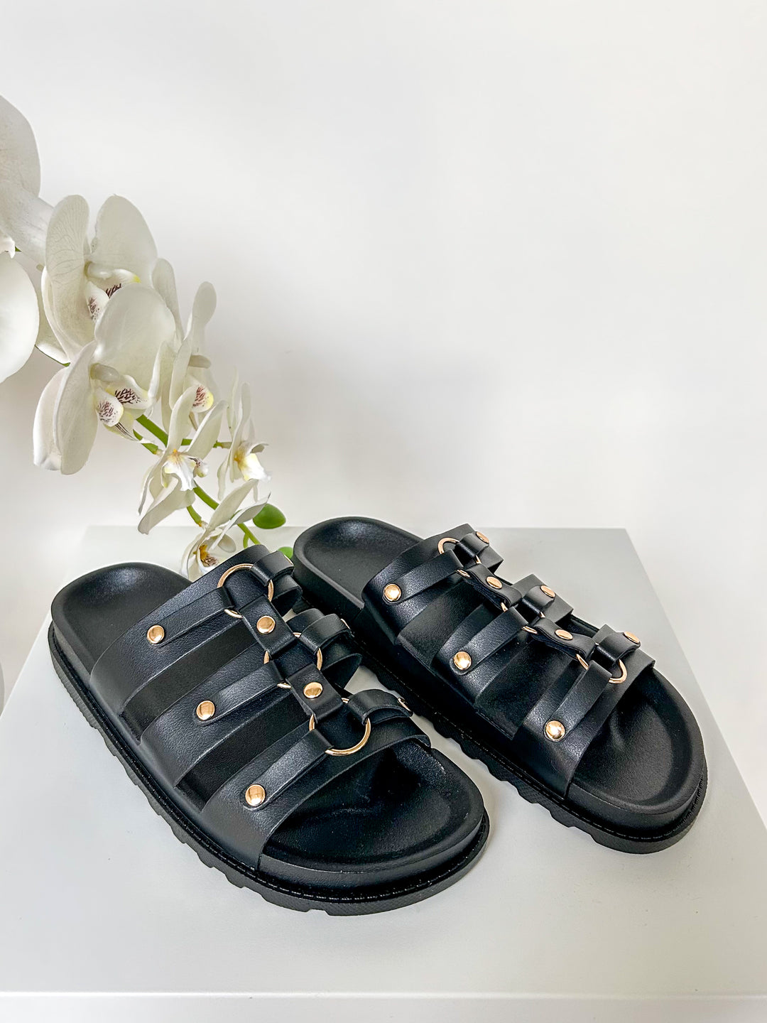 Triple Strap Sandals With Gold Circle Detail (3 Colours)