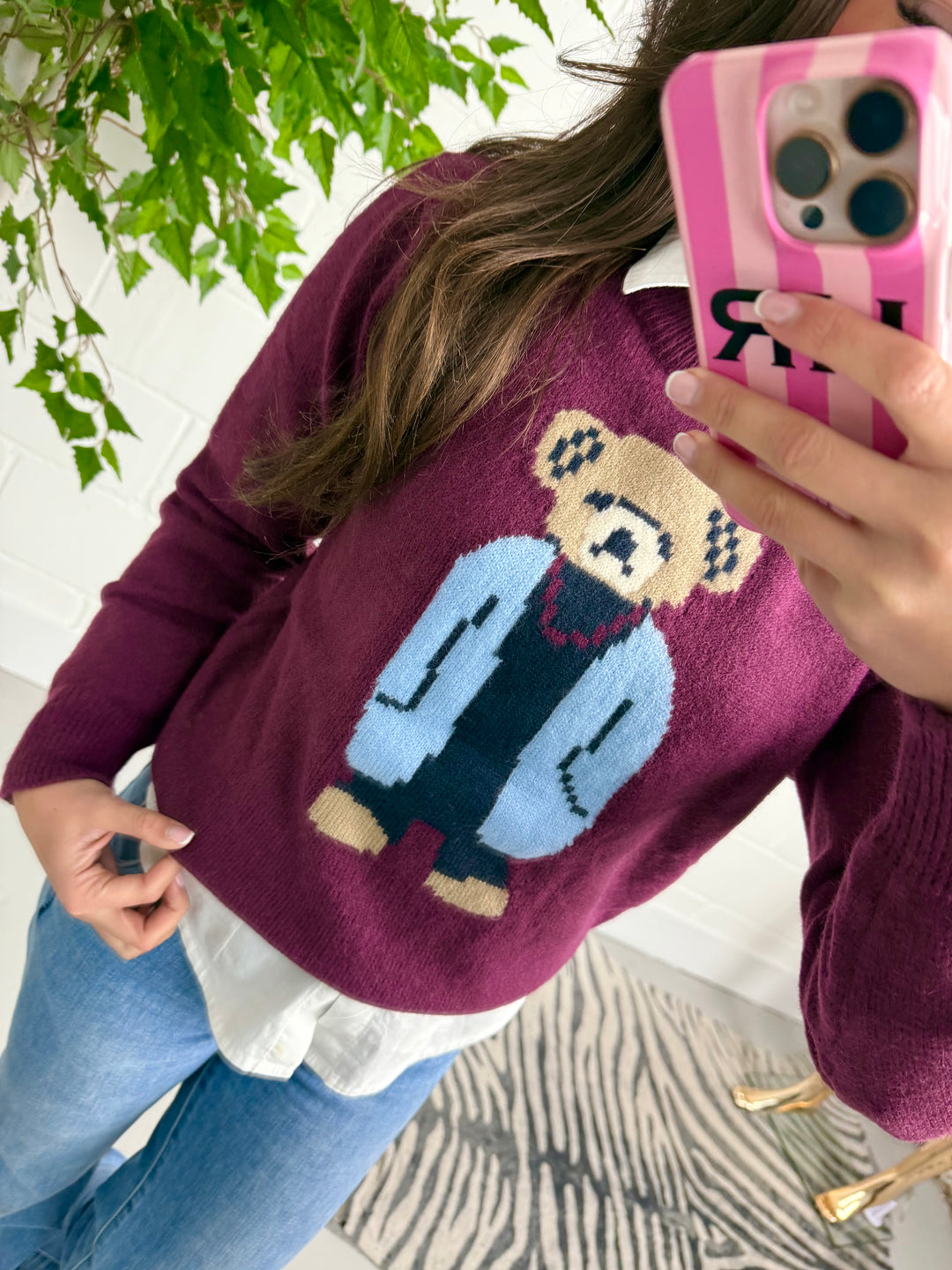 Wine Soft Knit Round Neck Teddy Bear Jumper