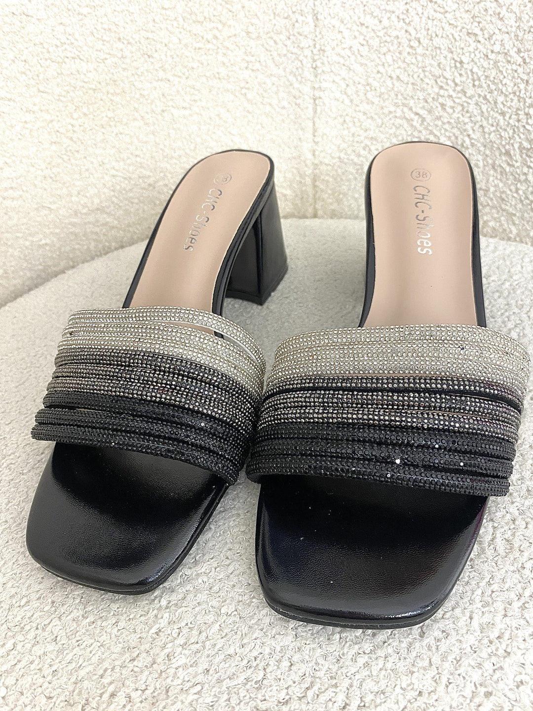 Black/Silver Diamontè Block Heel Sandals 8759