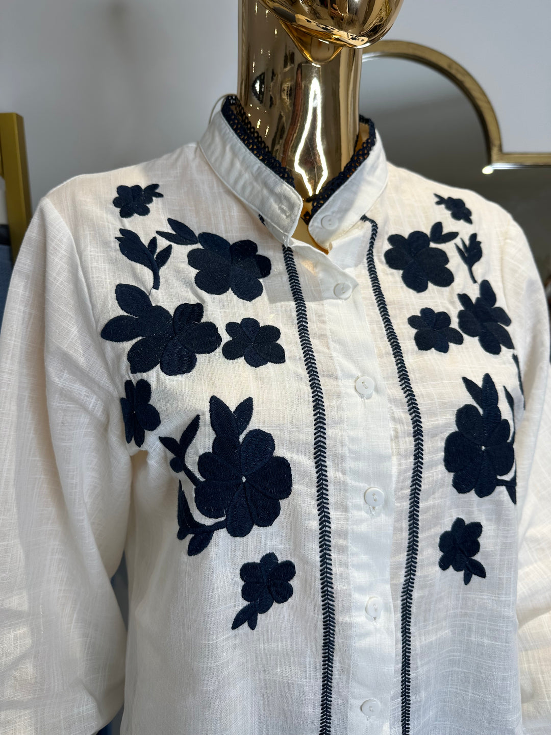 White Navy Flower Embroidery Detail Trim Button Up Grandad Collar Shirt