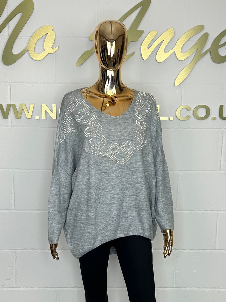 Pearl Detail V-Neck Long Sleeve Jumper (6 Colours)