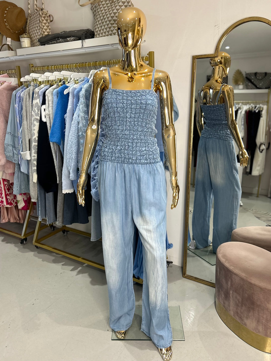 Denim Smocked Top Floaty Spaghetti Strap Jumpsuit (2 Colours)