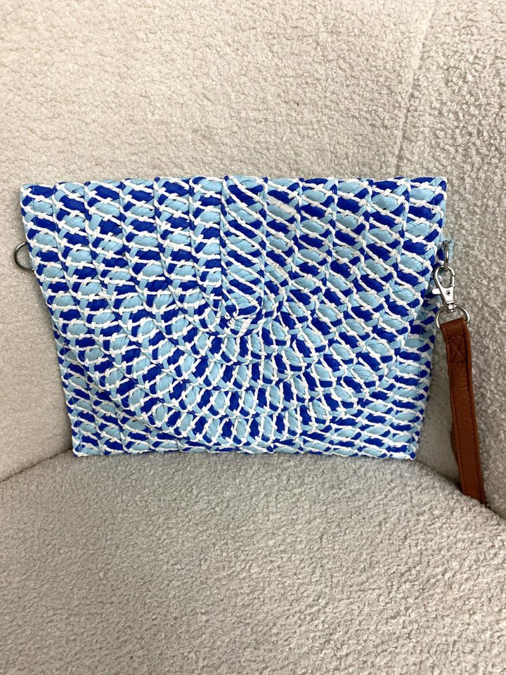 Blue Flecked Woven Straw Envelope Clutch Bag 8599