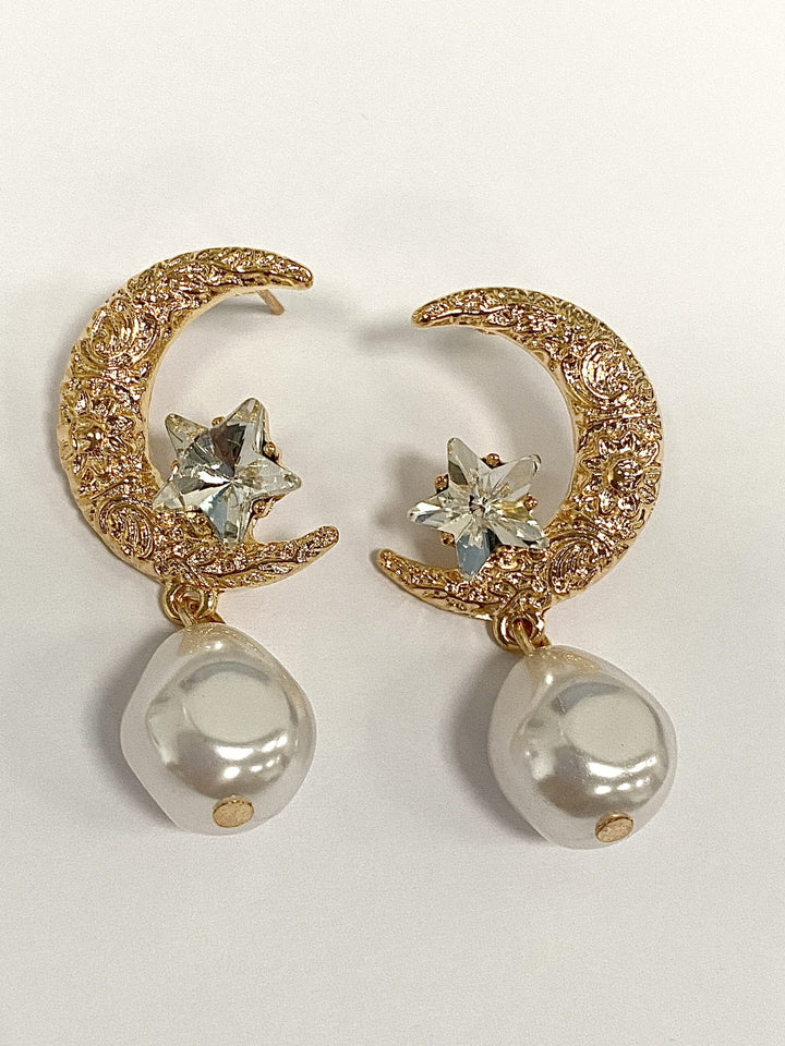 Gold Moon Star & Pearl Earrings 7580