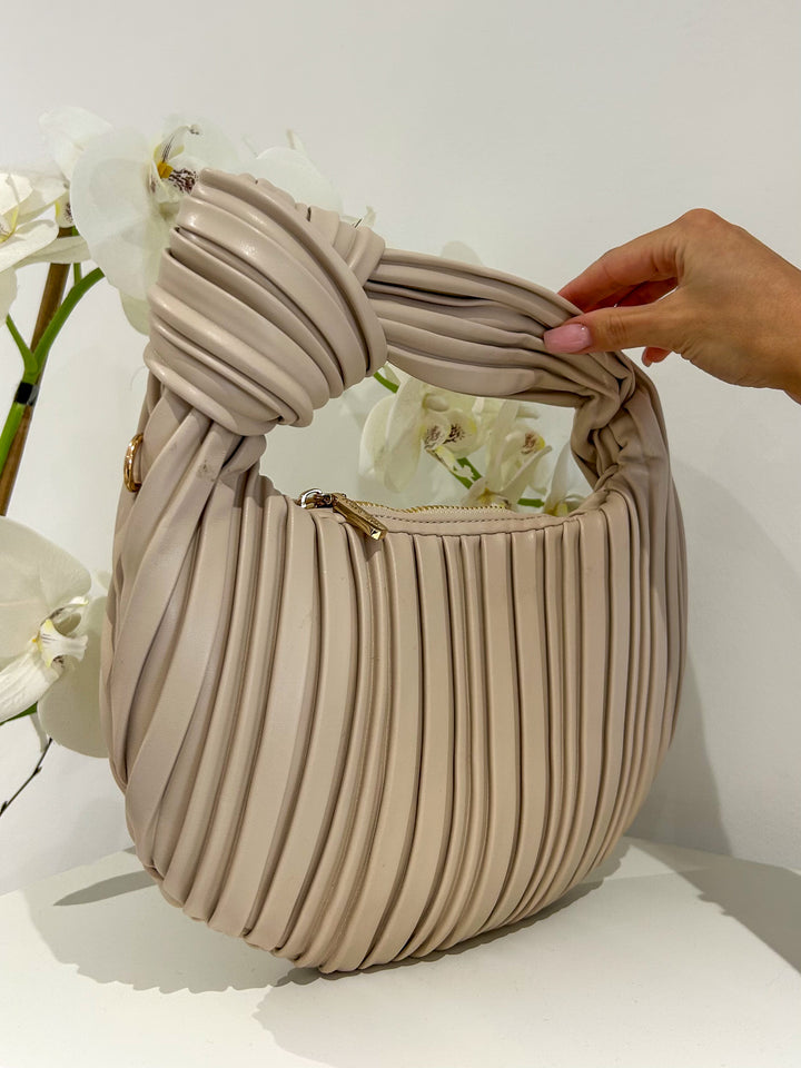 Beige Faux Leather Knot Pleated Bag