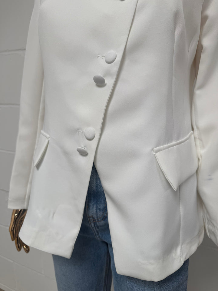 White Shoulder Asymmetric Button Blazer