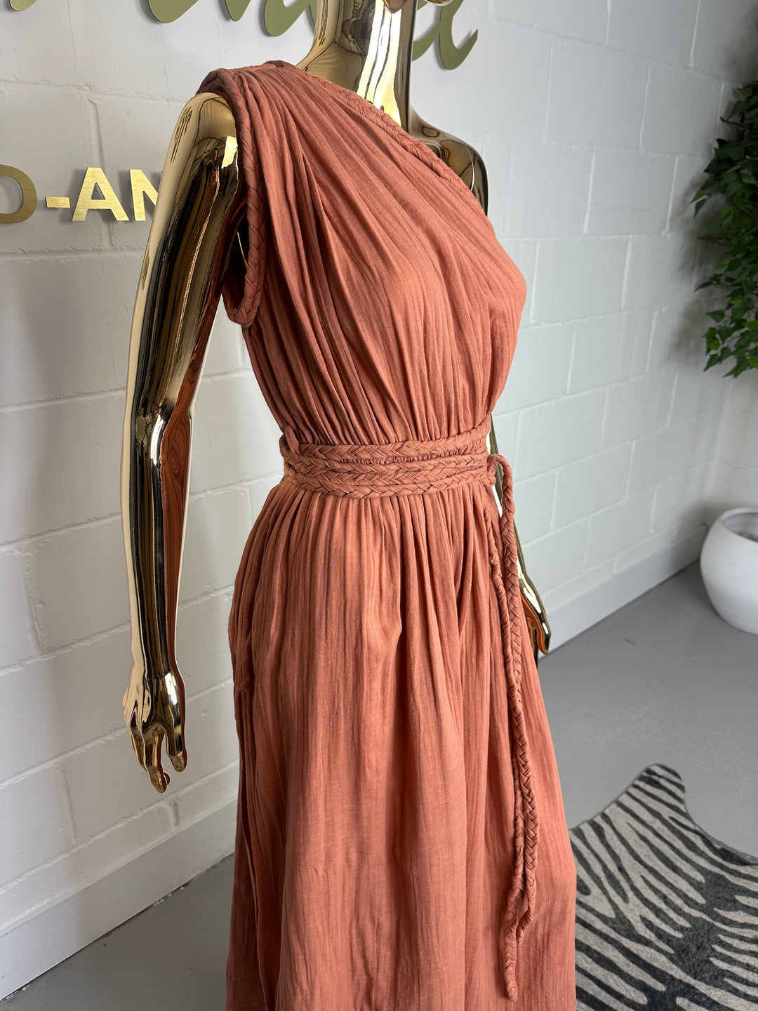 Terracotta One Shoulder Side Split Dress With Plaited Belt