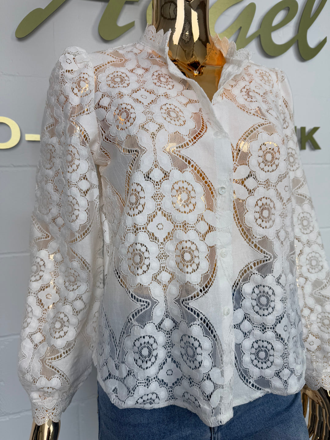 Long Sleeve Grandad Collar Embroidery Anglaise Shirt