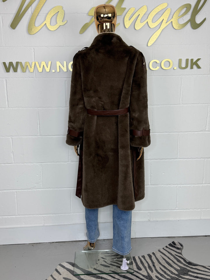 Faux Fur Leather Trim Belted Longline Coat (3 Colours)