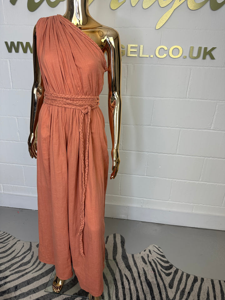 Terracotta One Shoulder Side Split Dress With Plaited Belt