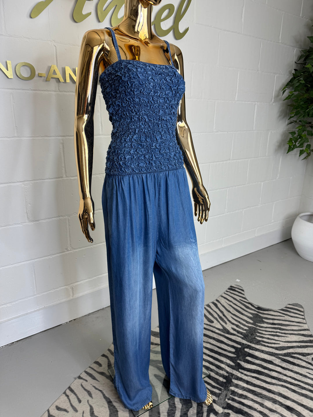 Denim Smocked Top Floaty Spaghetti Strap Jumpsuit (2 Colours)