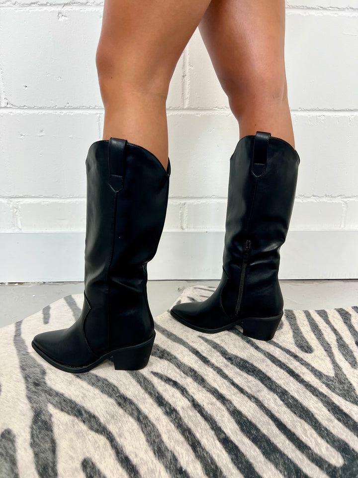 Black Faux Leather Western Cowboy Boots