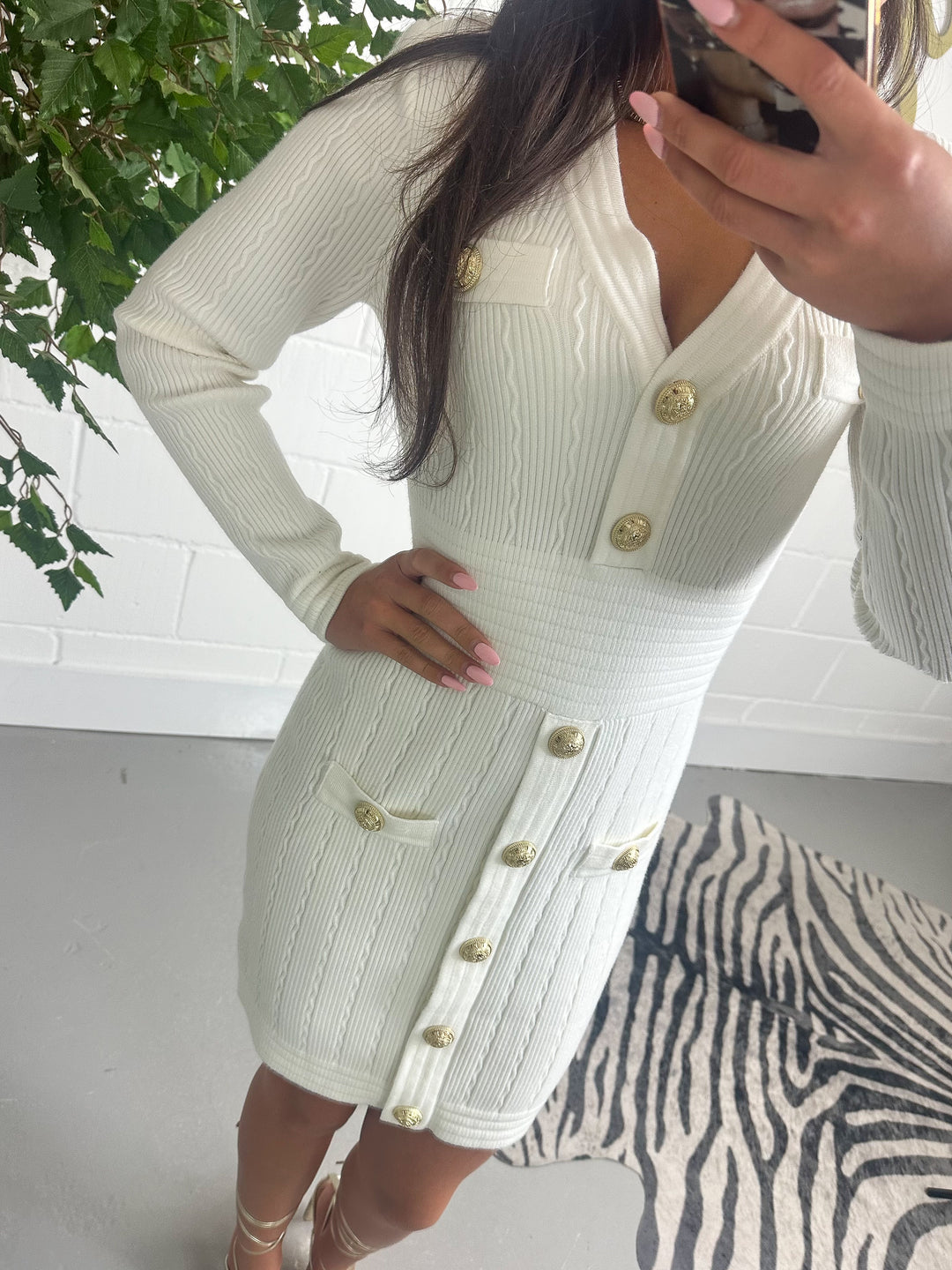 Knitted V Neck Gold Button Mini Dress ( 2 Colours )