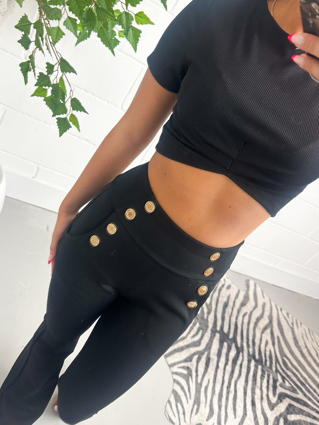 Black Gold Button Flared Trousers