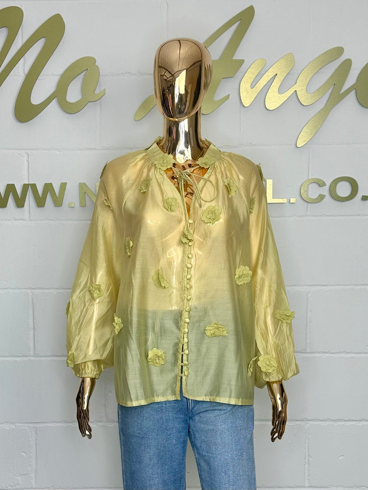 3D Flower Sheer Button Up Blouse (3 Colours)