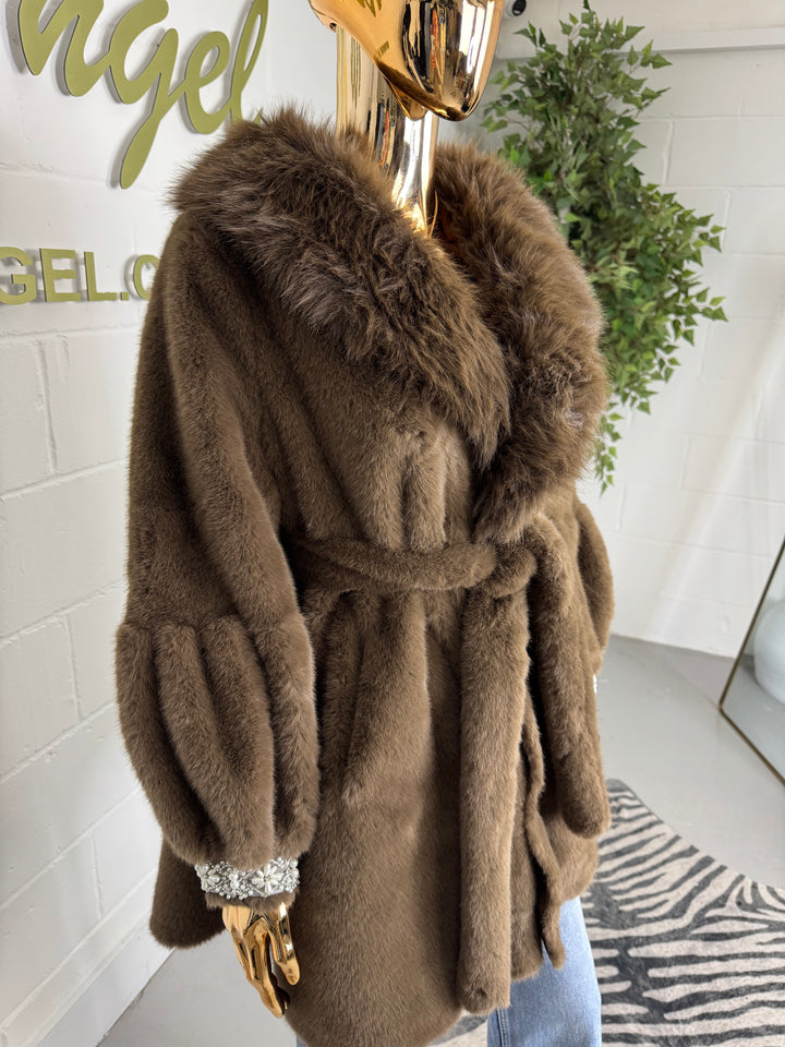 Brown Faux Fur Belted Beaded Cuff Coat