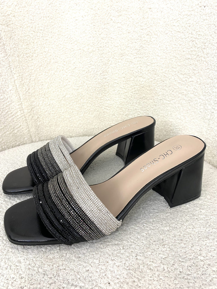 Black/Silver Diamontè Block Heel Sandals 8759