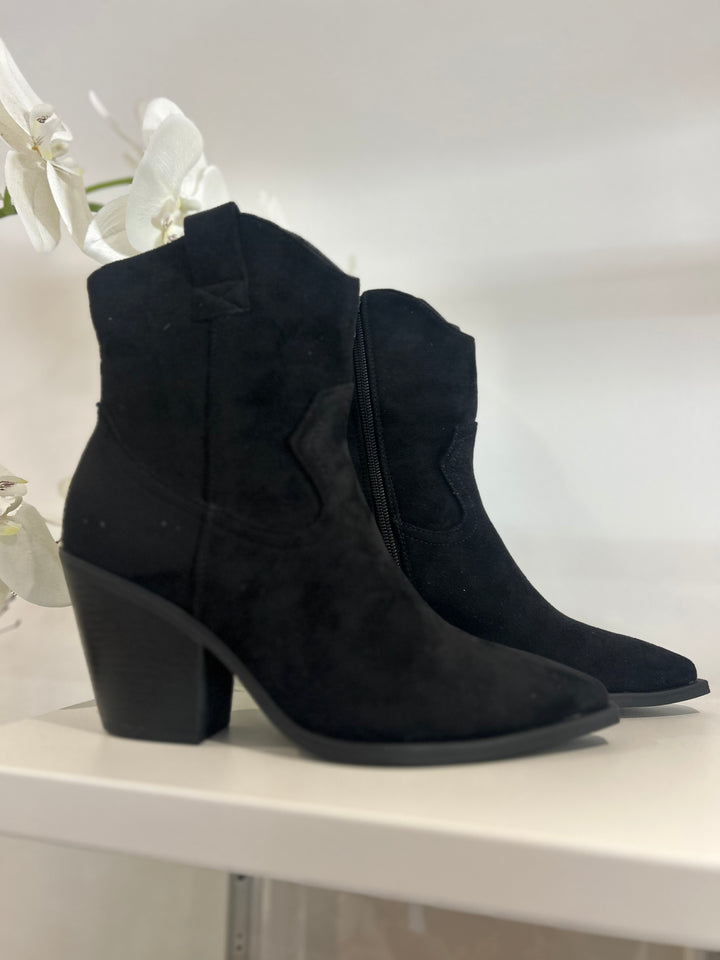 Black Faux Suede Ankle Cowboy Boots