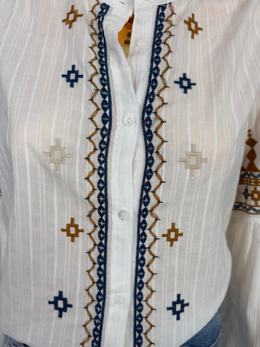 White Button Up Grandad Collar Navy/Tan Embroidered Shirt