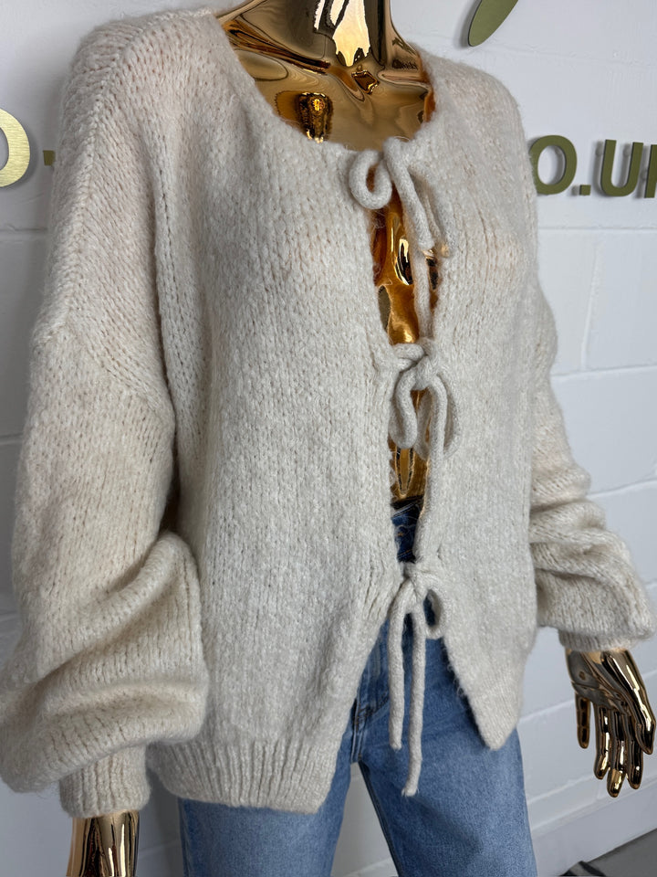 Cream Thick Knit Tie Up Cardigan