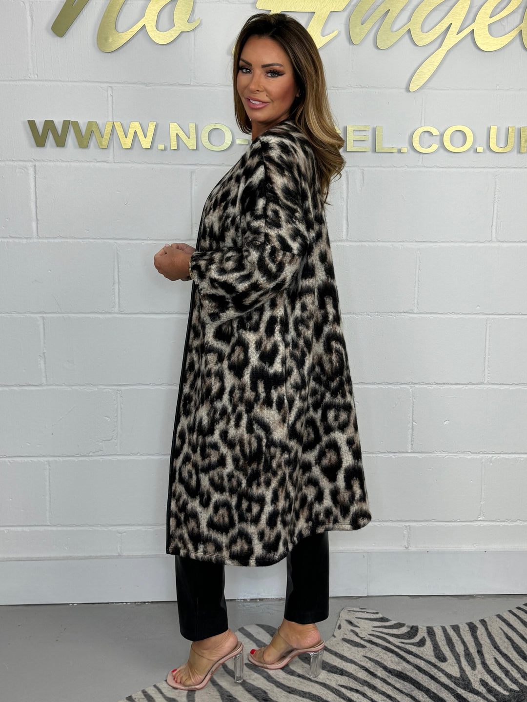 Leopard Print Wool Mix Faux Leather Trim Lightweight Collarless Coat