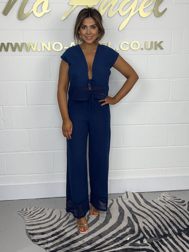 Navy Tie Crochet Detail Top & Matching Trousers 674
