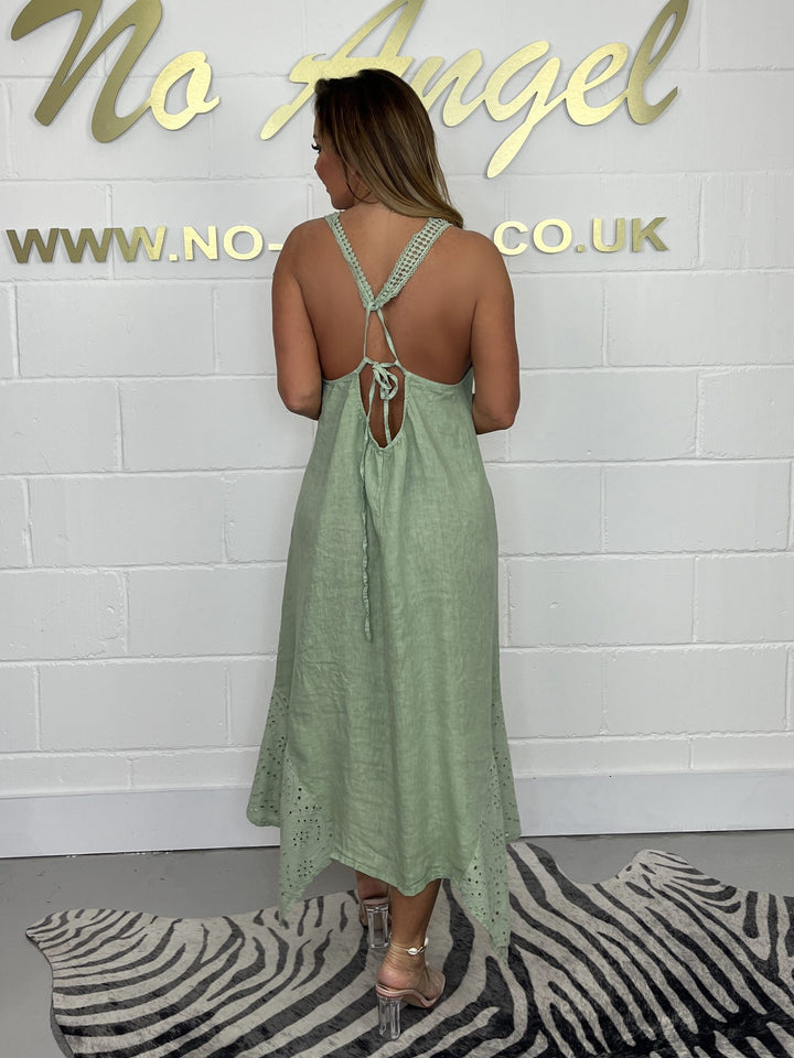 Mint Green Embroidered Spaghetti Strap Anglaise Bottom Linen Dress 690