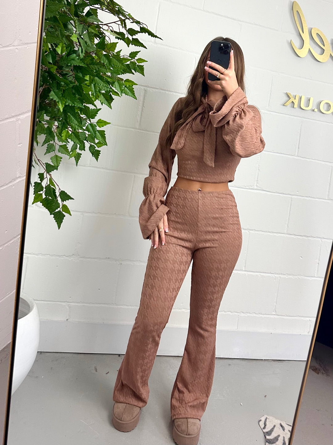 Bell Sleeve Tie Neck Dogtooth Top & Trouser Co-Ord (2 Colours)