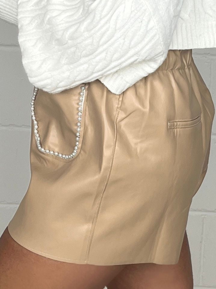 Camel Leather Look Pearl Detail  Shorts 2664