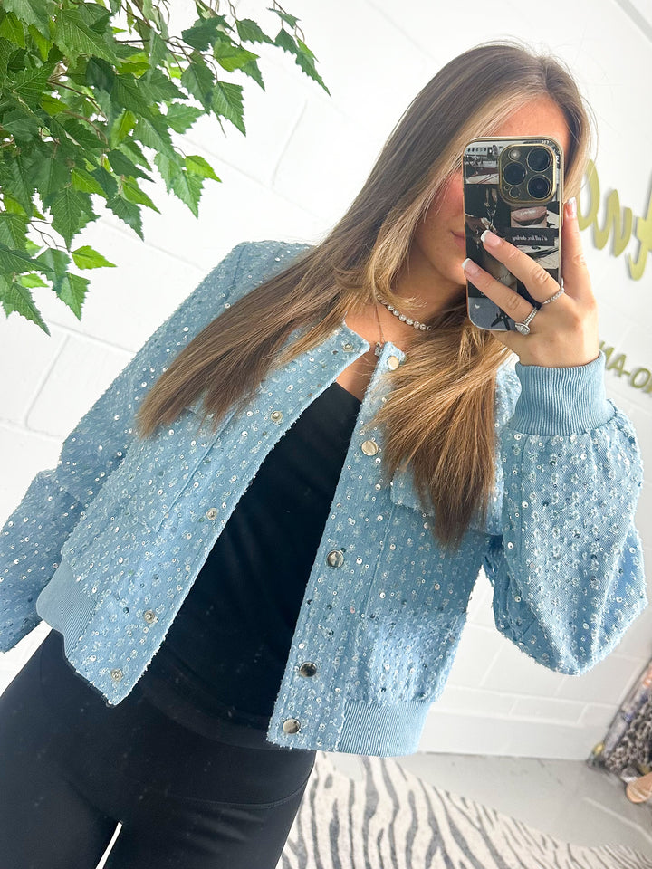 Light Denim Cropped Jacket With Silver Sequin Detail