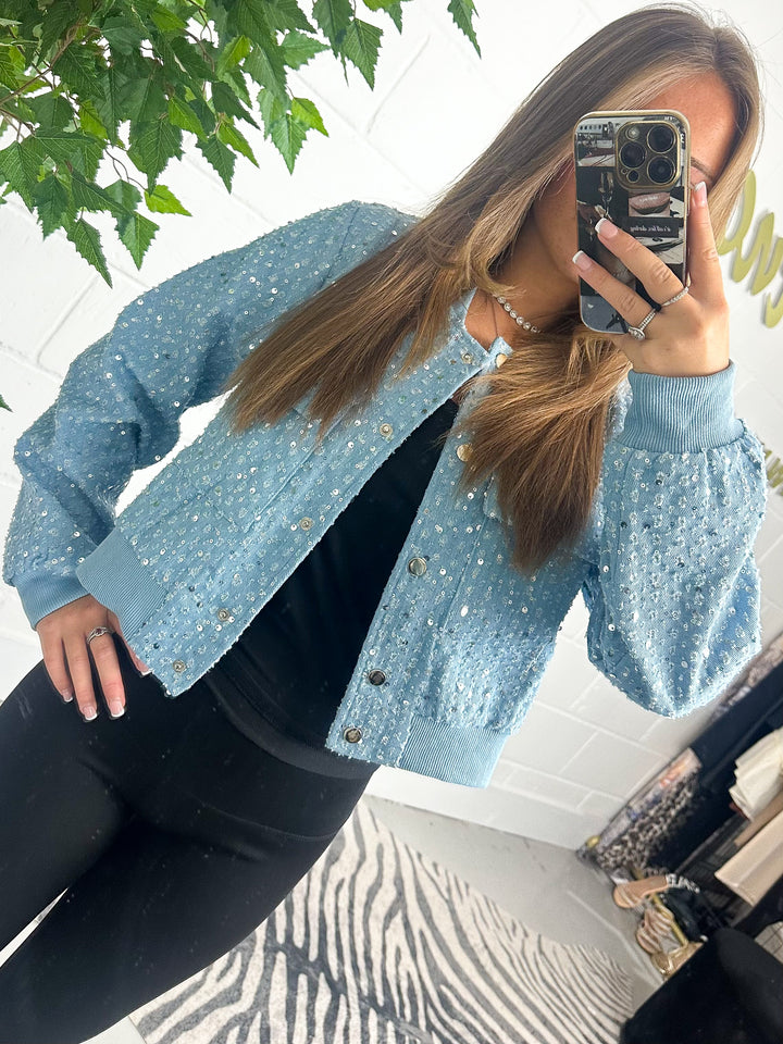 Light Denim Cropped Jacket With Silver Sequin Detail