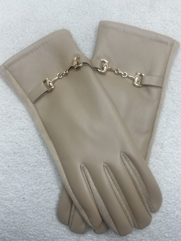 Beige Leather Look Buckle Gloves 8157