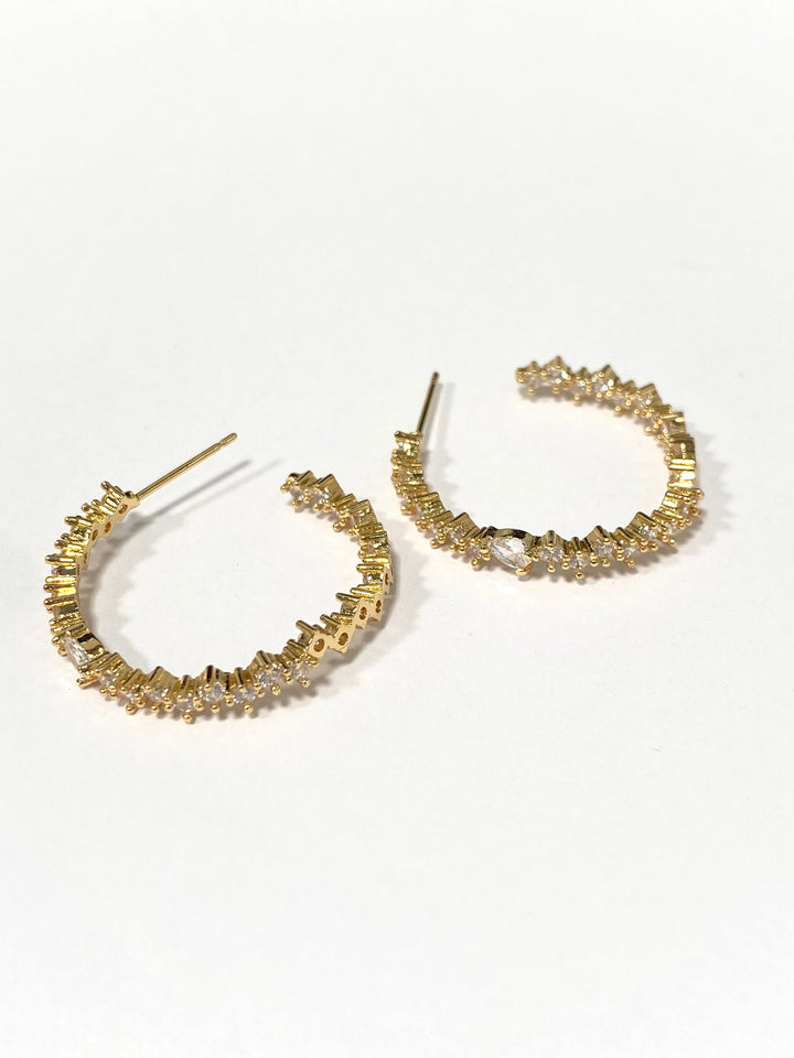 Gold & Diamonté Stone Jaggard Hooped Earrings 6272