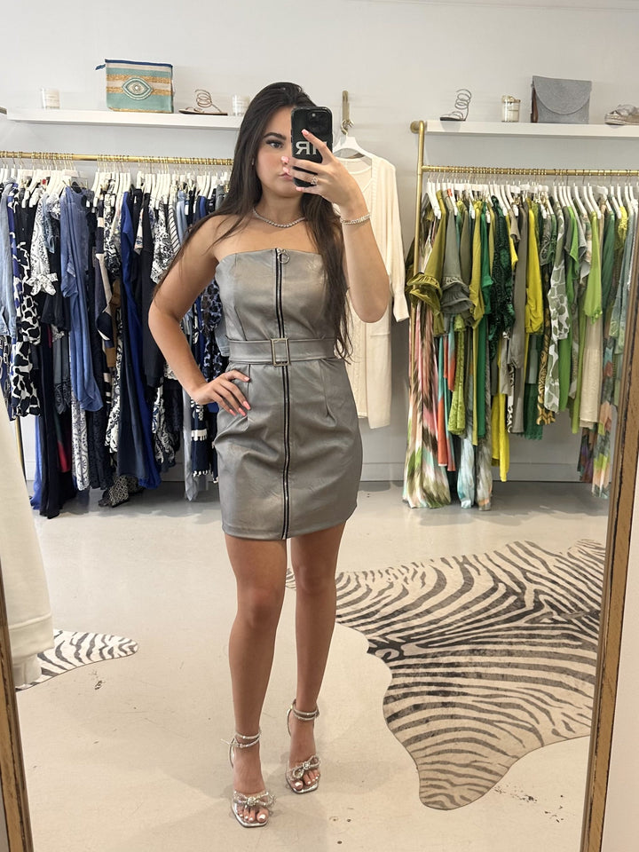 Pewter Leather Look Belted Mini Dress 6557
