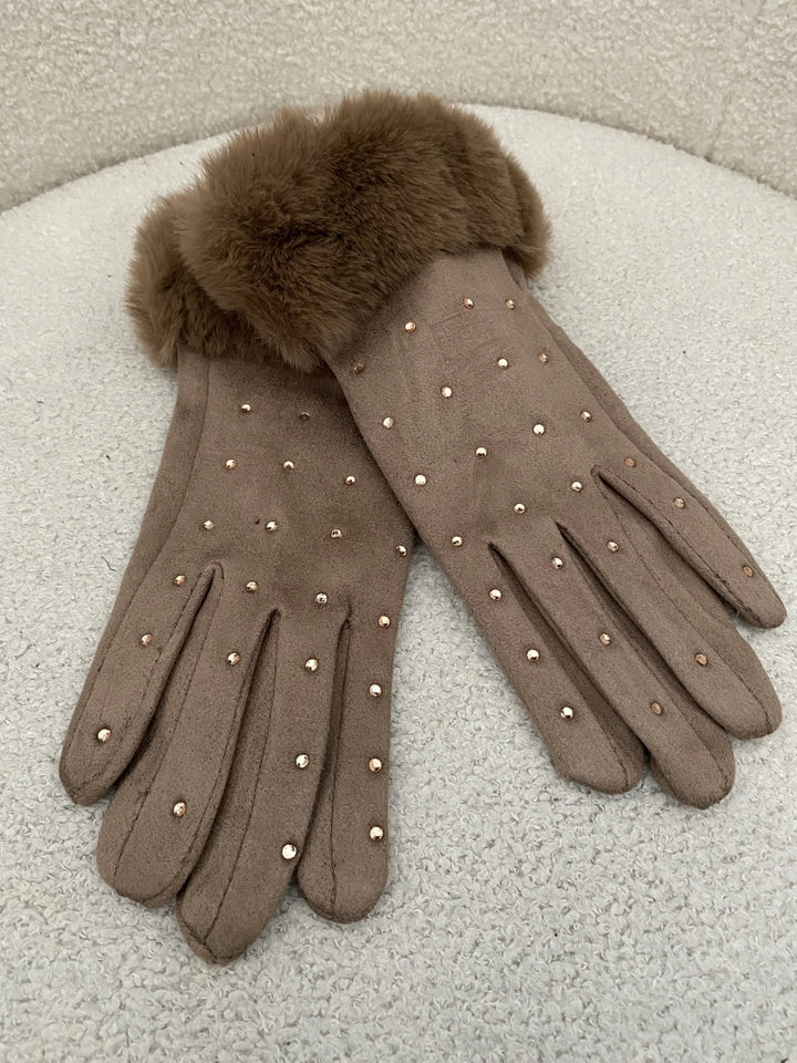 Gem Stone Studded Faux Fur Trim Gloves ( 2 Colours)