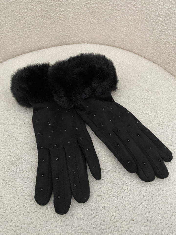 Black Gem Stone Studded Gloves 8018
