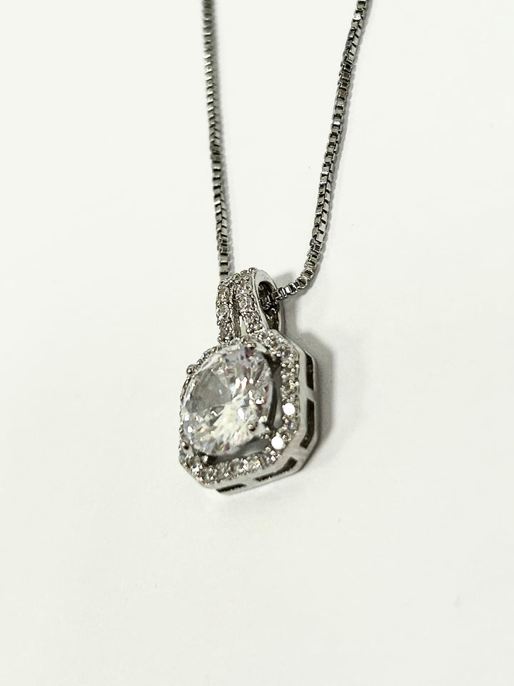 Silver Delicate Necklace With Square Gem & Diamonte Stone Pendant