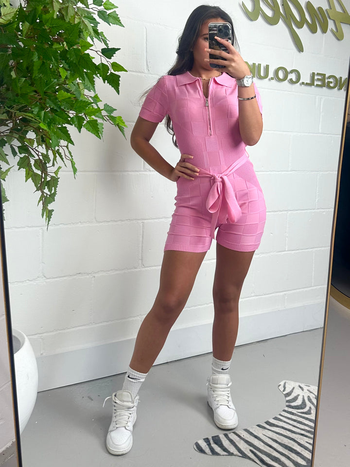 Pink Patterned Belted Shorts Unitard 5852