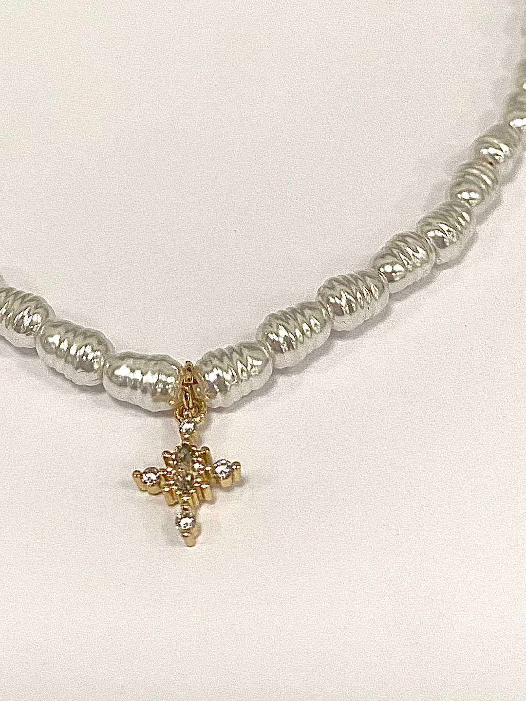 Pearl Gold/Diamanté Cross Necklace