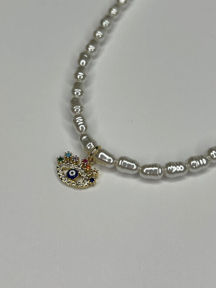 Pearl Affect Beaded Evil Eye Charm Necklace 8300