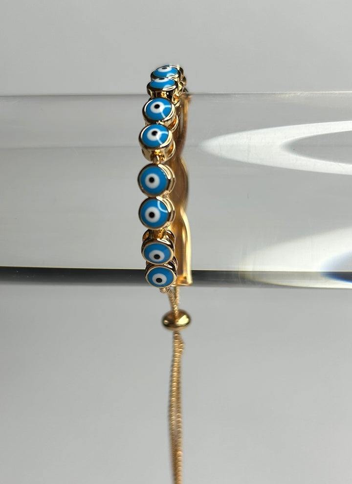 Gold Adjustable Aqua Blue Evil Eye Bracelet 8310