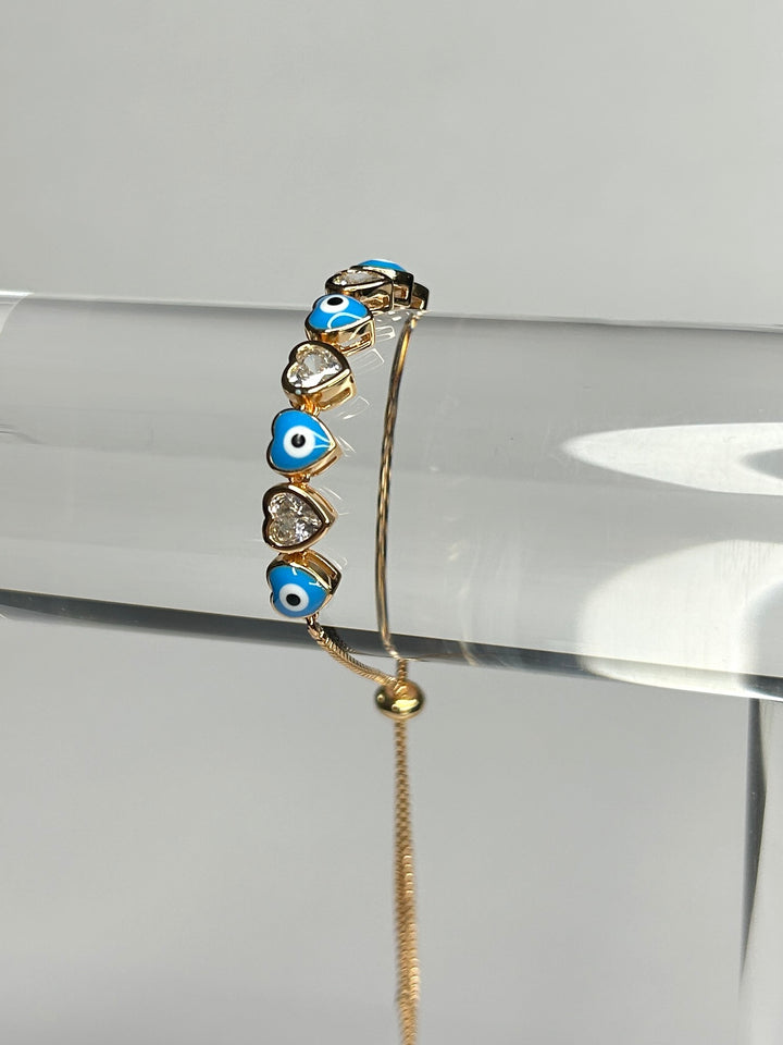 Delicate Gold Adjustable Bracelet With Aqua Blue Evil Eye & Clear Stone Hearts 8324
