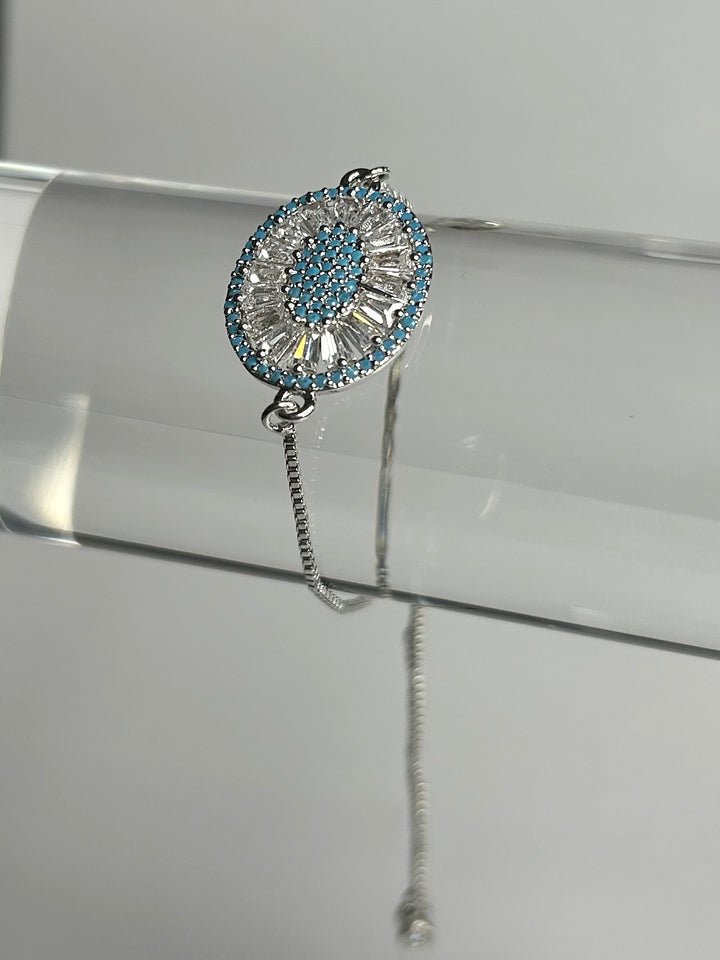 Delicate Adjustable Silver Bracelet With Blue & Clear Gem Detail 8313