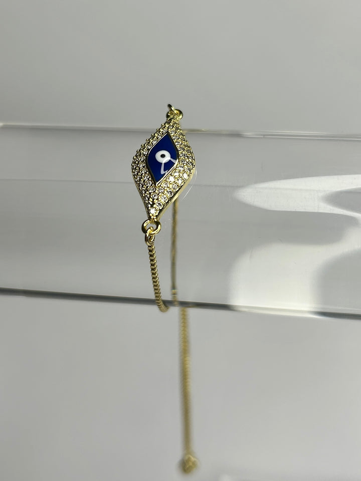 Delicate Gold Adjustable Bracelet With Blue Beaded Evil Eye Charm 8315
