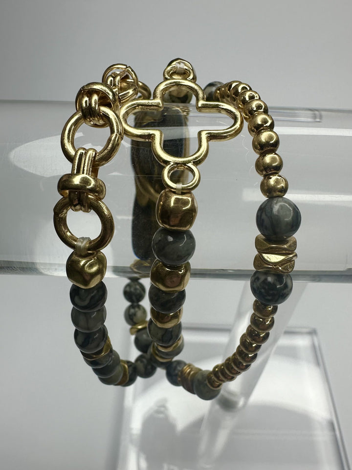 Gold Three loop Bracelet With Mini Grey Beads With Clover Detail 8828