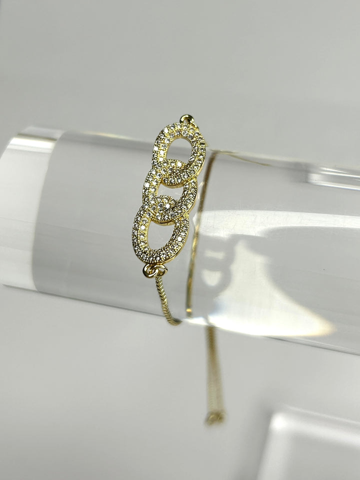 Gold Delicate Adjustable Bracelet With Triple Entwined Diamante Circles 8304