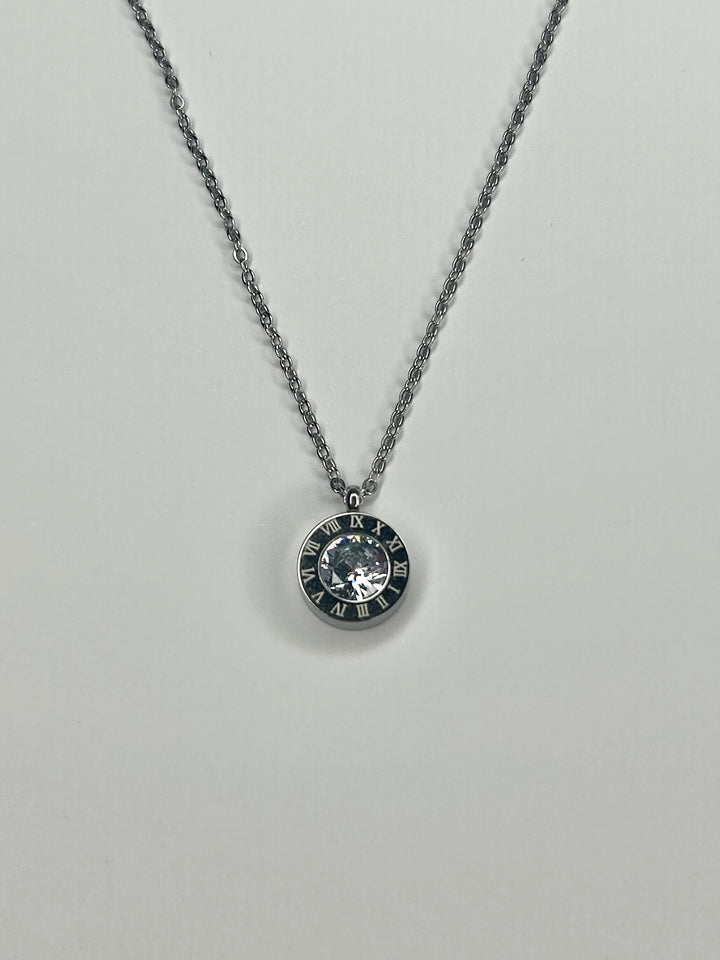 Silver Necklace With Diamante Circle Pendant 8298